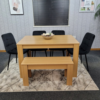 Kosy Koala Modern Oak Effect Dining Table Set With 4 Black Velvet Chairs And Bench Dining Room Furniture - image 1