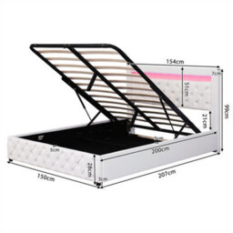 Abrihome Upholstered Bed With Storage & Led Lights, 150X200Cm, White Pu - Functional Slatted Frame - thumbnail 8