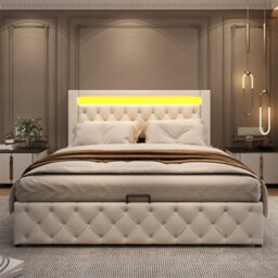 Abrihome Upholstered Bed With Storage & Led Lights, 150X200Cm, White Pu - Functional Slatted Frame - thumbnail 9