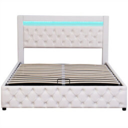 Abrihome Upholstered Bed With Storage & Led Lights, 150X200Cm, White Pu - Functional Slatted Frame - thumbnail 7