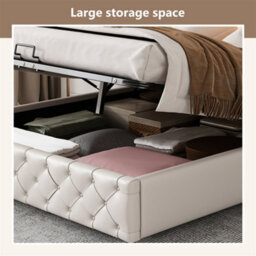 Abrihome Upholstered Bed With Storage & Led Lights, 150X200Cm, White Pu - Functional Slatted Frame - thumbnail 2