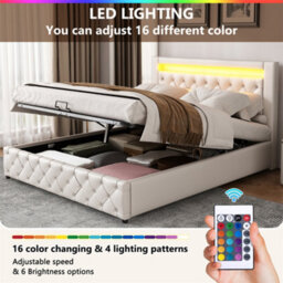 Abrihome Upholstered Bed With Storage & Led Lights, 150X200Cm, White Pu - Functional Slatted Frame - thumbnail 3