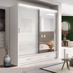 RAC3 Sliding Wardrobe Led Mirror Space Saving Bedroom Wardrobe, Contemporary Bedroom Sliding Wardrobe & Mirror Wardrobe (White 205) - thumbnail 1