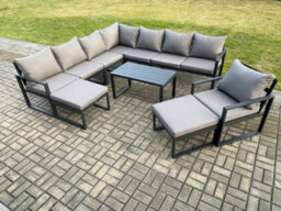Fimous Aluminium Outdoor Garden Furniture Set Lounge Corner Sofa Chair Oblong Coffee Table Sets With 2 Big Footstools - thumbnail 2