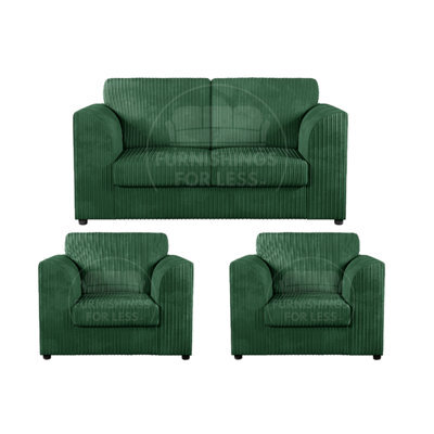 Furnishings For Less UK Luxor Jumbo Cord 2 + 1 + 1 Fabric 3 Piece Sofa Suite - Fullback Green - image 1