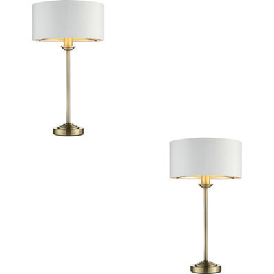 Loops 2 Pack Antique Brass Plate Table Lamp - Vintage White Fabric Shade - 447mm Tall Light - 7W Led E14 - image 1
