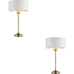 Loops 2 Pack Antique Brass Plate Table Lamp - Vintage White Fabric Shade - 447mm Tall Light - 7W Led E14