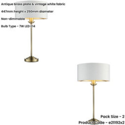 Loops 2 Pack Antique Brass Plate Table Lamp - Vintage White Fabric Shade - 447mm Tall Light - 7W Led E14 - thumbnail 2