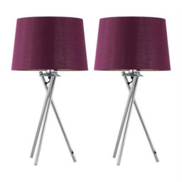 First Choice Lighting Set Of 2 Tripod - Chrome Lamp With Burgundy & Gold Fabric Shades