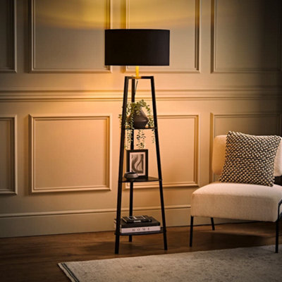 Valuelights Hiru Black 3 Tier Shelf Floor Lamp With Metallic Gold Inner Shade And Bulb - image 1