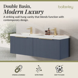 Balterley Fluted Front Wall Hung 2-Drawer Bathroom Vanity Unit With Double Basin, 1200mm, Satin Blue, Brushed Brass Handles - thumbnail 2