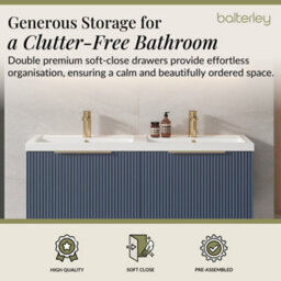 Balterley Fluted Front Wall Hung 2-Drawer Bathroom Vanity Unit With Double Basin, 1200mm, Satin Blue, Brushed Brass Handles - thumbnail 3