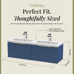 Balterley Fluted Front Wall Hung 2-Drawer Bathroom Vanity Unit With Double Basin, 1200mm, Satin Blue, Brushed Brass Handles - thumbnail 5