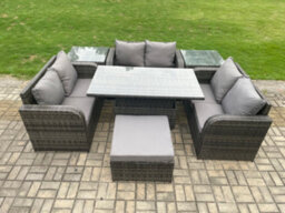 Fimous Rattan Garden Outdoor Furniture 3 Pc Love Sofa Set Patio Adjustable Rising Lifting Dining Table With 2 Side Tables - thumbnail 2