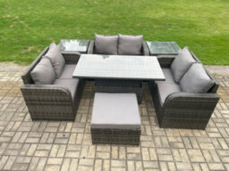 Fimous Rattan Garden Outdoor Furniture 3 Pc Love Sofa Set Patio Adjustable Rising Lifting Dining Table With 2 Side Tables - thumbnail 1