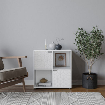 Urbn-Living Urbnliving 61Cm Height 4 Cubes White Wooden Bookcase Display Shelf Storage Cabinet With Modern Geo White Door - image 1