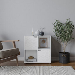 Urbn-Living Urbnliving 61Cm Height 4 Cubes White Wooden Bookcase Display Shelf Storage Cabinet With Modern Geo White Door - thumbnail 1
