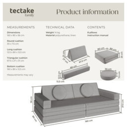 Tectake Kids Sofa Lilly - 8-Piece, Flexible Arrangement Play Sofa, Thick Padding, Removable Covers - 80 Centimetre Grey - thumbnail 6