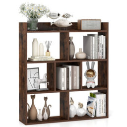 Costway 7 Cubes Open-Back Bookshelf Home Storage Shelf Wooden Bookcase-Rustic Brown - thumbnail 2