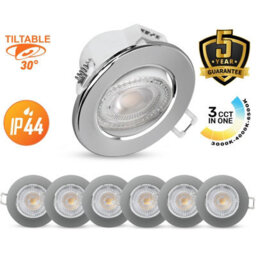 Paul Russells Led Downlight Chrome Tilt Recessed Ceiling Spotlight 4.8W 500 Lumens, Ip44, Colour Changeable Cct3 Pack Of 6