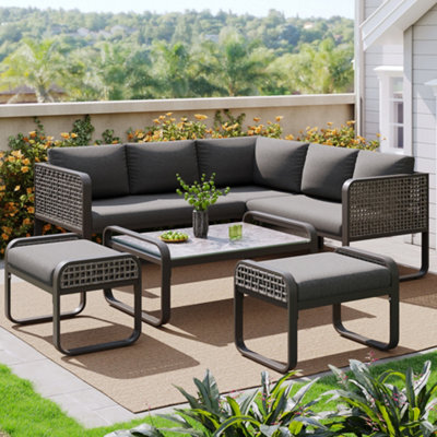 Btm 7 Seater Rattan Garden Lounge Setcorner Sofa With Galvanized Iron Frame, Adjustable Legs & Cushions (Grey) - image 1