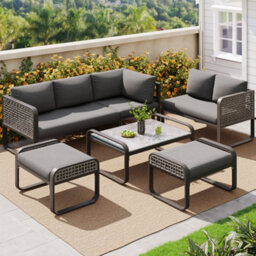 Btm 7 Seater Rattan Garden Lounge Setcorner Sofa With Galvanized Iron Frame, Adjustable Legs & Cushions (Grey) - thumbnail 4