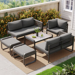 Btm 7 Seater Rattan Garden Lounge Setcorner Sofa With Galvanized Iron Frame, Adjustable Legs & Cushions (Grey) - thumbnail 3