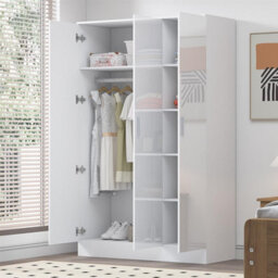 Reflect 3 Door Plain Wardrobe - White Gloss & Matt White - Hanging Rail & 4 Shelves- H: 180Cm X W: 113Cm X D: 47Cm - Modern Design - thumbnail 2