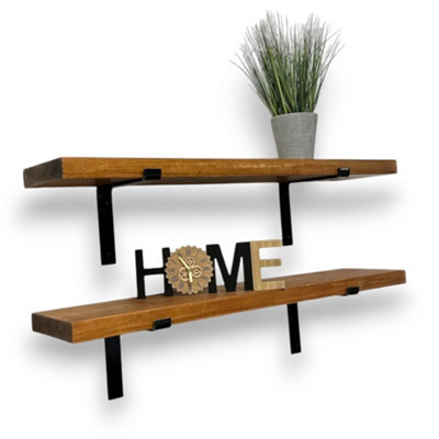 MKGT Set Of 2 Rustic Shelves, Wooden Shelving With Brackets For Wall (Tudor Oak, 130Cm (1.3M) - image 1