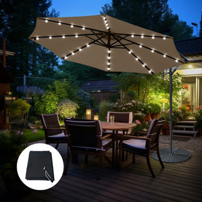 Sundaze 3M Taupe Led Garden Banana Parasol Cantilever Umbrella Patio Hanging, Base & Weather Protective Cover - image 1
