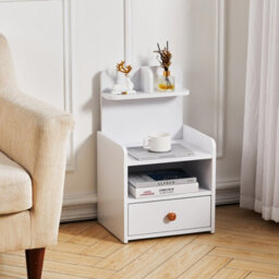Living And Home White Wooden Bedside Table Nightstand With 1 Drawer And Storage Shelf - thumbnail 3