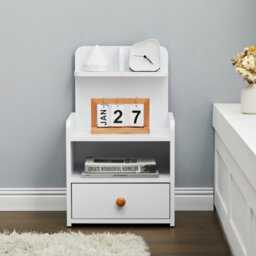 Living And Home White Wooden Bedside Table Nightstand With 1 Drawer And Storage Shelf - thumbnail 1