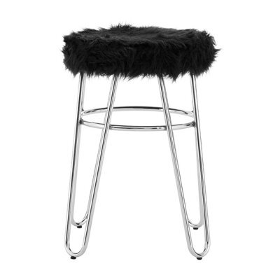 Orsina Chrome Metal And Black Faux Fur Stool, Small Hairpin Round Stool, Sturdy Plush Fur Stool For Lounge, Bedroom - image 1