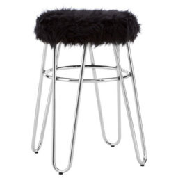 Orsina Chrome Metal And Black Faux Fur Stool, Small Hairpin Round Stool, Sturdy Plush Fur Stool For Lounge, Bedroom - thumbnail 2