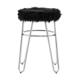 Orsina Chrome Metal And Black Faux Fur Stool, Small Hairpin Round Stool, Sturdy Plush Fur Stool For Lounge, Bedroom - thumbnail 1