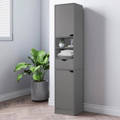 Grey Wooden Tall 2 Door 1 Drawer Shelves Bathroom Cabinet Storage Unit Modern - image 1