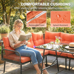 Outsunny Sectional Outdoor Furniture With Glass Top Table, Orange - thumbnail 6