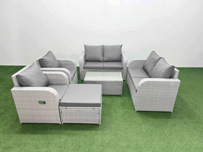 Fimous 7 Seater Outdoor Reclining Chair Love Sofa Set Rattan Garden Furniture Set Rectangular Coffee Table Footstool Light Grey - image 1