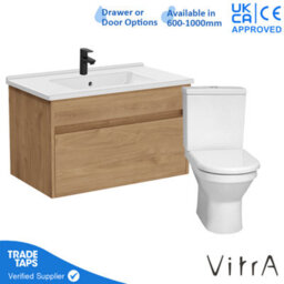 Vitra 800mm Wall Hung Bathroom Vanity Unit With 1 Drawer Includes Basin, Black Tap And Close Coupled Toilet Set - Golden Oak