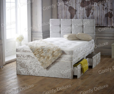 Comfy Deluxe 4Ft6 Silver Crushed  Double Divan Bed Set With Headboard And Mattress No Drawers