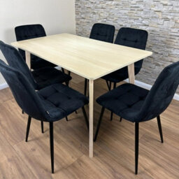 Doubs Dining Table Set With 6 Black Velvet Chairs, Oak Effect Table With Matching Black Velvet Seating - thumbnail 2