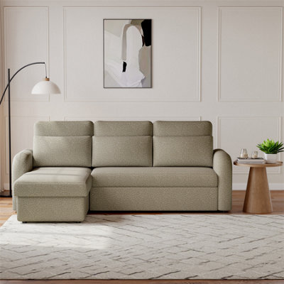 Flyn L-Shape 3-Seater Boucle Sofa Bed - Modern Pull-Out Bed With Cushions For Living Room - Bed: 149Cm (W) 190Cm (L) - Taupe - image 1