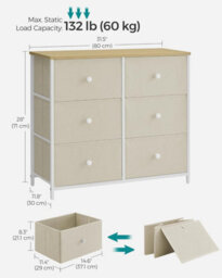 Songmics 6 Fabric Drawer Dresser, Chest Of Drawers, Storage Organiser Unit, Dresser, Camel Yellow And Cream White - thumbnail 2