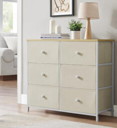 6 Fabric Drawer Dresser, Chest Of Drawers, Storage Organiser Unit, Dresser, Camel Yellow And Cream White