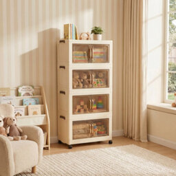 Darphe Cream Plastic Foldable 4 Tier Rolling Plastic Storage Cabinet With Magnetic Doors - thumbnail 1