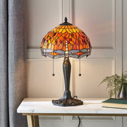 Luminosa Lighting Luminosa Dragonfly 2 Light Small Table Lamp Dark Bronze, Red, Tiffany Style Glass, E27 - thumbnail 2