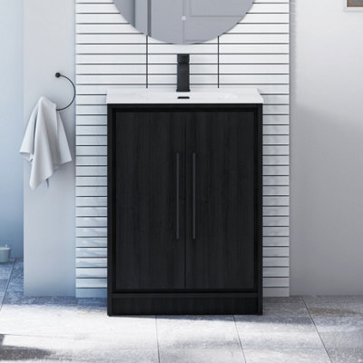 Royal Bathrooms Livora 600mm Black Woodgrain Floor Standing Bathroom Vanity Unit 2 Door With Ceramic Basin & Matt Black Handle - image 1