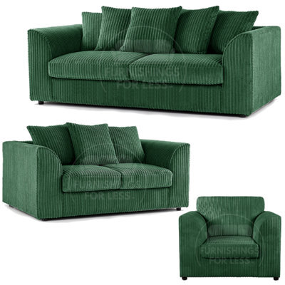 Furnishings For Less UK Luxor Jumbo Cord 3 + 2 + 1 Fabric 3 Piece Sofa Suite - Scatter Back Green - image 1