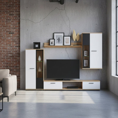 Salsa Modern White Artisan Oak Wall Unit Contemporary Living Room Storage And Display Furniture Set With Led Lights - image 1