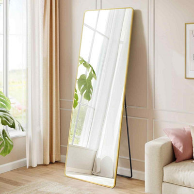 Rectangular Full Length Floor Mirror With Stand, Tempered Glass Body Mirror For Bedroom And Hallway, Pale Gold - image 1